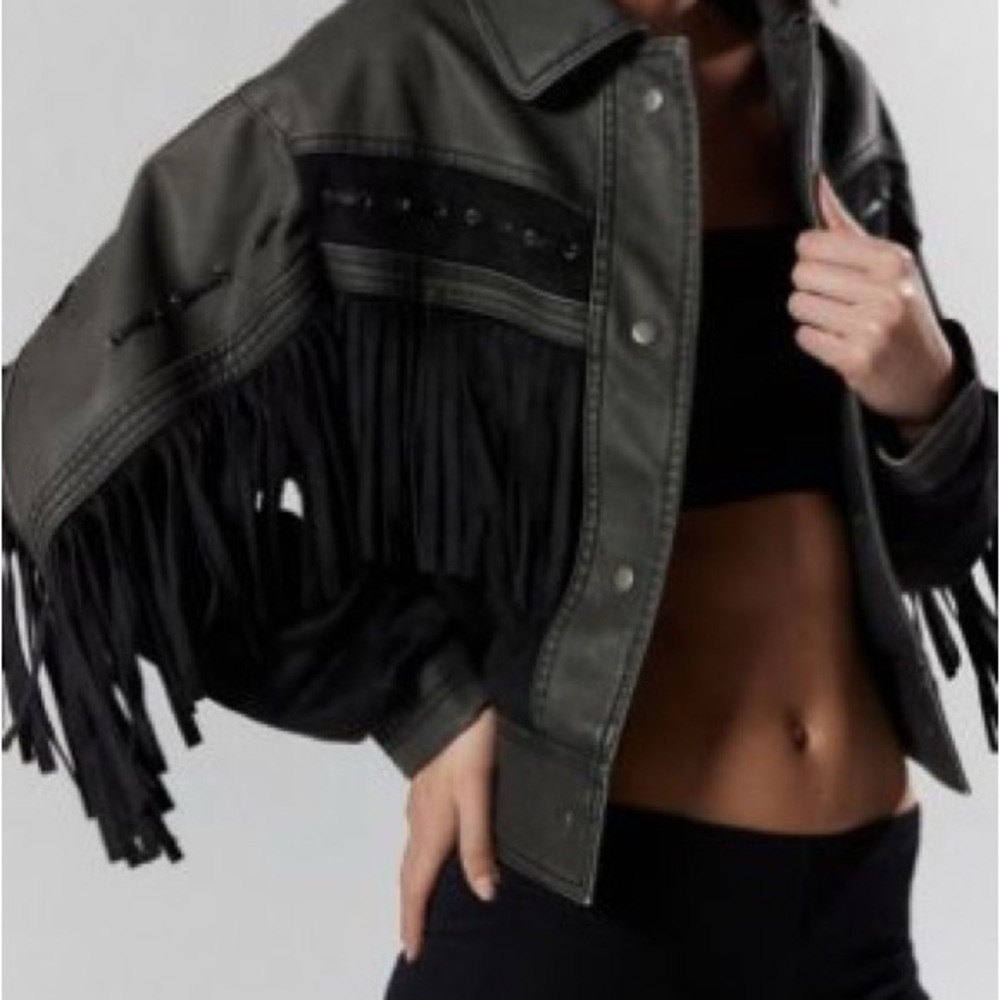 Faux Leather Fringe Jacket - Black
